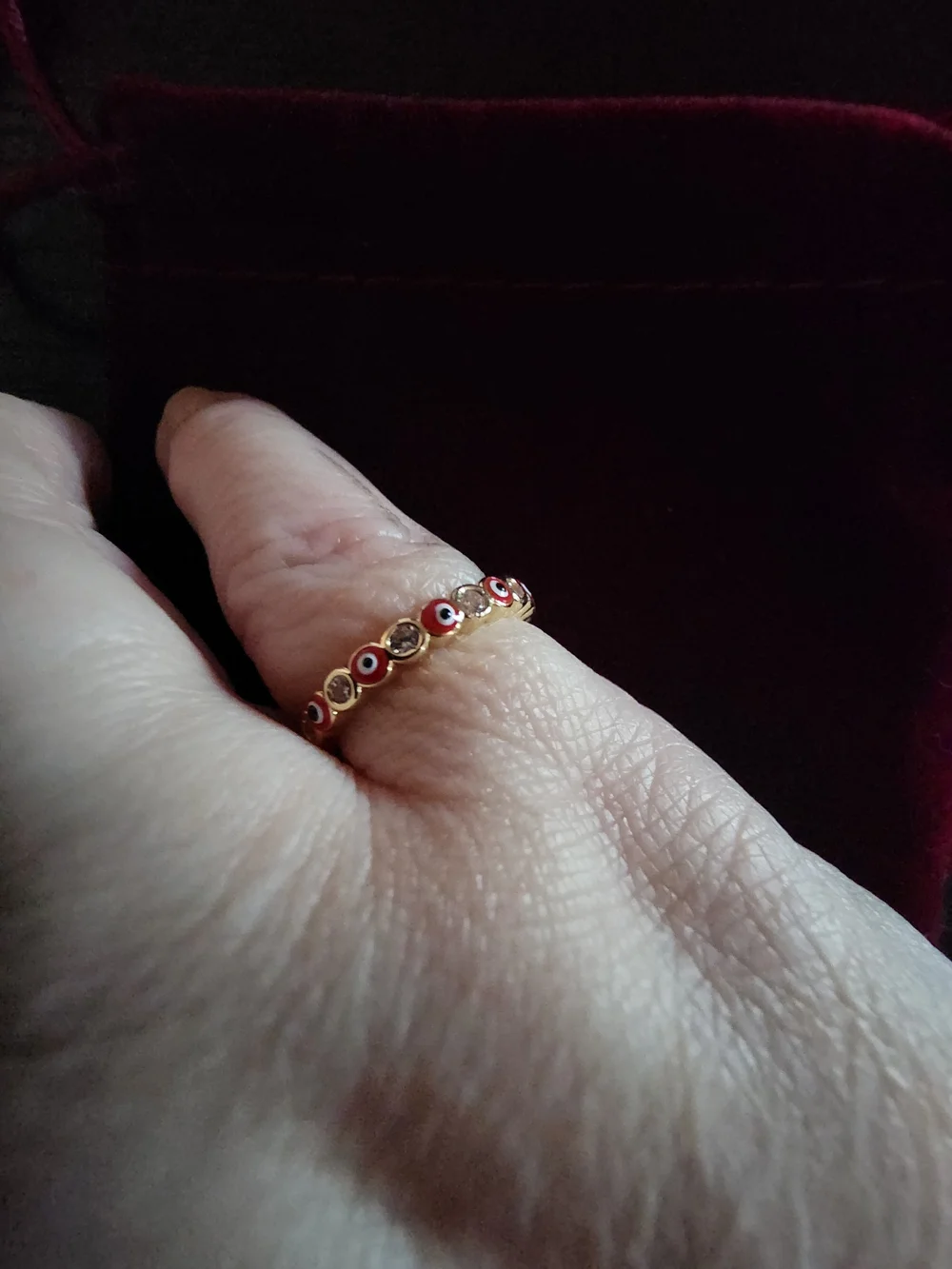 Gold Red Eye Beaded Stackable Ring